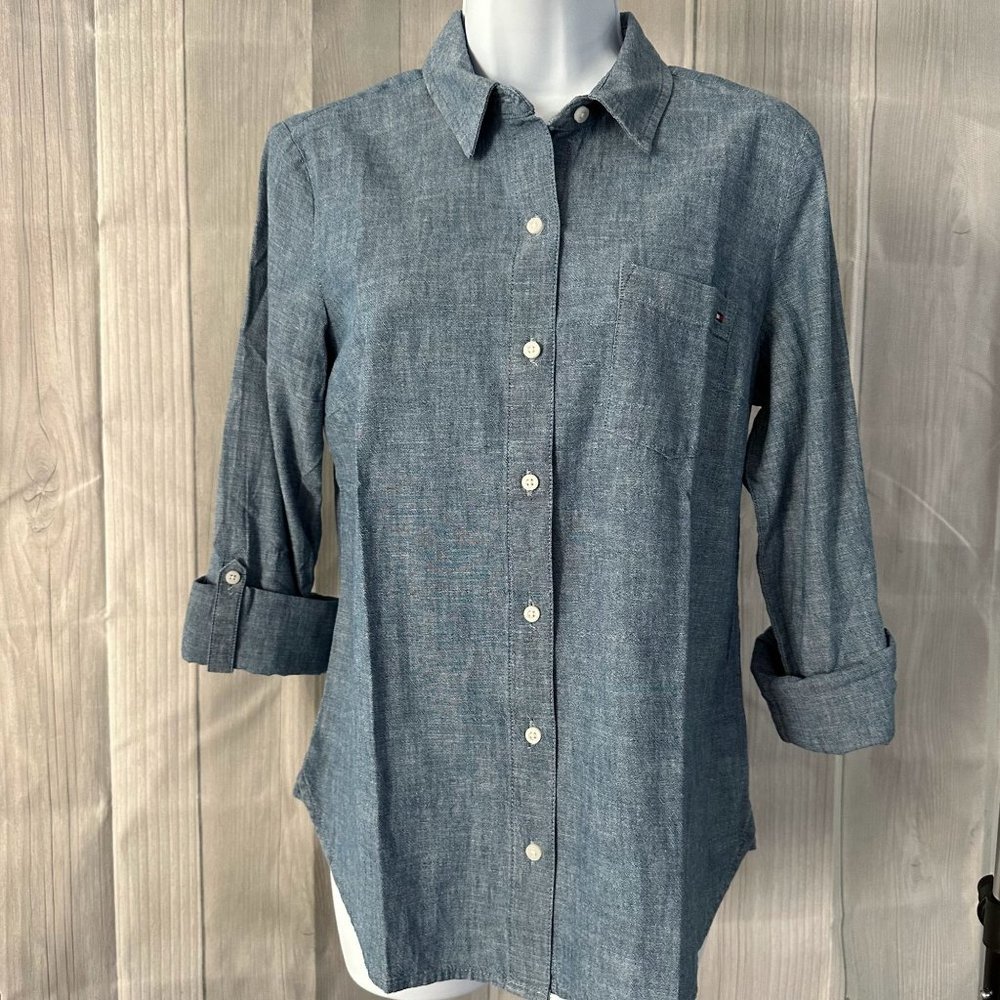 Tommy Hilfiger Womens Classic Long Sleeve Roll Tab Button Down Shirt Classic Col